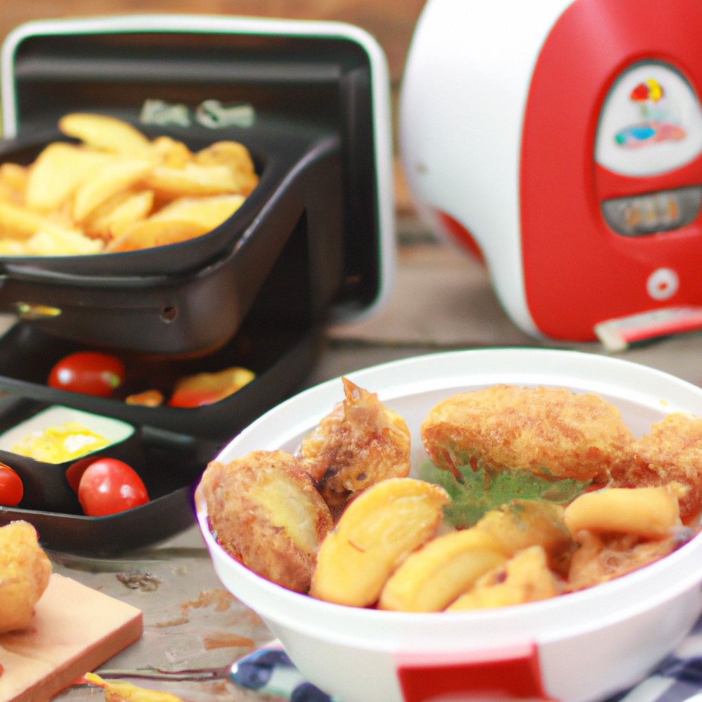 Air Fryer Mondial Dual 8l Receitas 1 Imagem de uma Air Fryer Mondial Dual 8L com um fundo preto. A fritadeira a ar é uma caixa retangular preta com uma alça na parte superior. Possui dois cestos de cozimento, cada um com sua própria alça. Os cestos são pretos com um interior antiaderente. A Air Fryer Mondial Dual 8L possui um painel de controle digital com botões e uma tela.