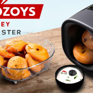 Imagem de uma fritadeira digital Oster preta com tela LED e dial giratório. Existem vários acessórios incluídos, como uma cesta de fritura removível, uma inserção de assado e uma bandeja de migalhas. A fritadeira está sobre uma superfície preta com o logotipo da Oster visível.