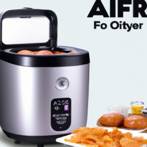 Imagem de uma fritadeira Air Fryer Oster Multifuncional 3.2L CKSTAF631 com receitas. A fritadeira é de cor preta com uma alça cromada e um visor digital. As receitas incluem batatas fritas, frango frito e legumes.