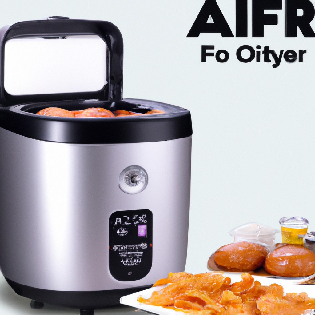 Imagem de uma fritadeira Air Fryer Oster Multifuncional 3.2L CKSTAF631 com receitas. A fritadeira é de cor preta com uma alça cromada e um visor digital. As receitas incluem batatas fritas, frango frito e legumes.