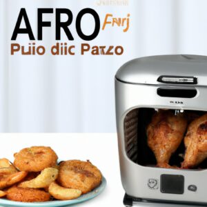 Imagem de uma fritadeira Air Fryer Philco Air Fryer Oven Pfr2200p com corpo preto, botões e visor na parte frontal, grelha interna e cesto com alça.