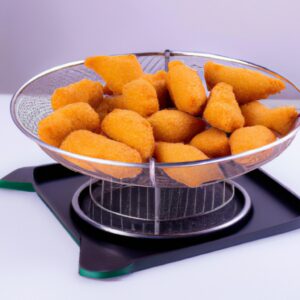 Imagem de uma Air Fryer Philips Walita 3000 Digital Receitas. É um eletrodoméstico de cozinha preto com um display digital e uma cesta para alimentos. A cesta está cheia de batatas fritas douradas e crocantes.
