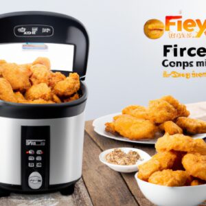 Imagem de uma fritadeira de ar Oster 3 em 1 Super Fryer com sua cesta de cozimento removível e tela de toque digital. A fritadeira de ar é feita de aço inoxidável e tem capacidade de 5,6 litros. Pode fritar, assar e grelhar alimentos e inclui um livro de receitas com 50 receitas.