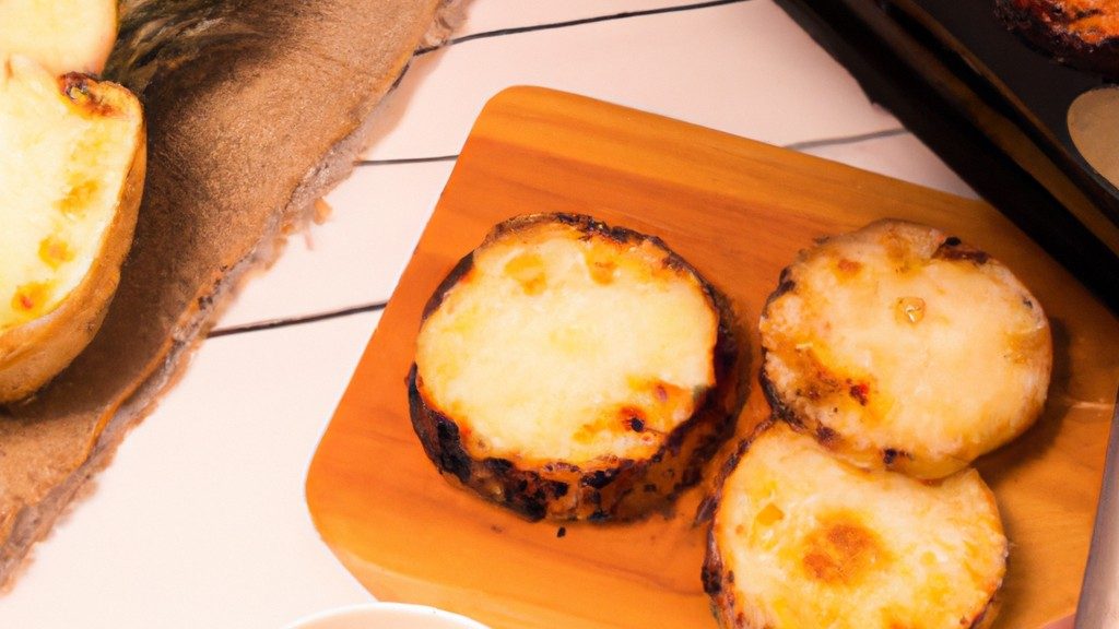 Imagem de um abacaxi cortado ao meio, coberto com uma crosta dourada e borbulhante. O abacaxi é colocado em uma cesta de fritadeira de ar e rodeado por suco de abacaxi.