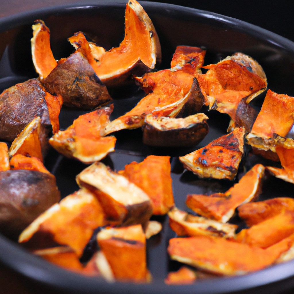 Imagem de uma abóbora assada na Airfryer. A abóbora é cortada ao meio e assada com azeite, sal e pimenta. A abóbora tem uma pele crocante e um interior macio e amanteigado.