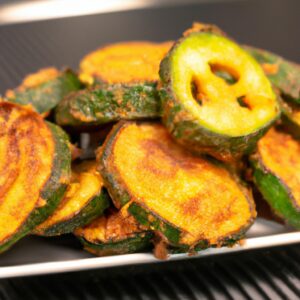Imagem de abobrinhas cortadas em tiras e grelhadas em uma Airfryer. As abobrinhas são douradas e crocantes, com marcas de grelha. Elas estão dispostas em um prato, guarnecidas com ervas frescas.