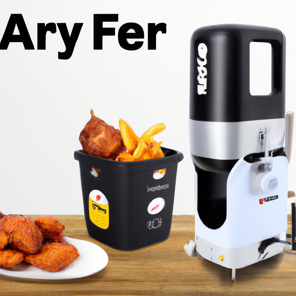 Imagem de uma mesa de cozinha com cinco fritadeiras de ar diferentes. As fritadeiras são de tamanhos e formas diferentes e todas estão em tons de preto, cinza e branco.