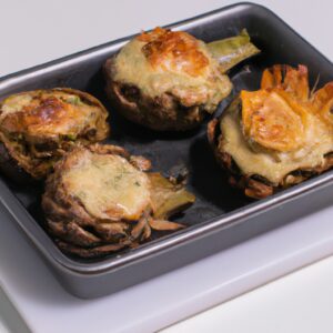 Alcachofras crocantes e douradas recheadas com um cremoso recheio de espinafre, queijo e pão ralado, gratinadas à perfeição em uma Airfryer.