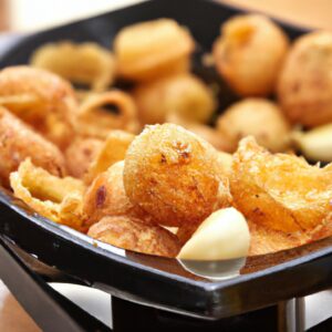 Imagem de alho assado na Airfryer. Os dentes de alho estão dourados e caramelizados, com uma textura macia e cremosa. O alho é apresentado em uma tigela branca contra um fundo de madeira.