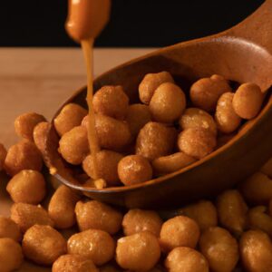 Imagem de amendoins torrados e crocantes cobertos com uma camada doce e picante de mostarda e mel. Os amendoins estão dispostos em uma tigela de servir, prontos para serem saboreados.