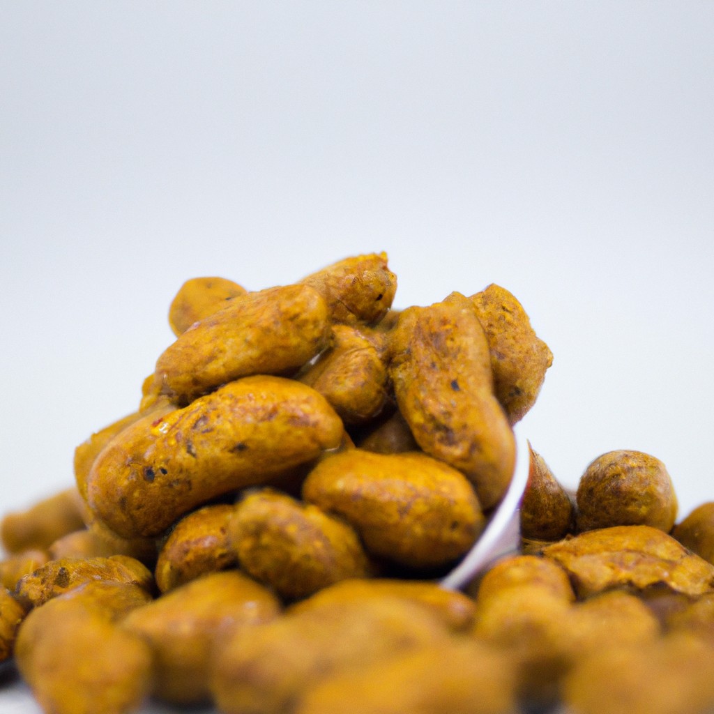 Imagem de uma tigela de amendoim torrados e temperados preparados na Airfryer. Os amendoins são castanhos dourados e têm uma crosta ligeiramente crocante. Estão polvilhados com sal e pimenta, e têm um aroma salgado e noz.
