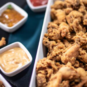 Imagem de asinhas de frango crocantes e douradas cozidas em uma Airfryer. As asinhas são cobertas com um tempero saboroso e colocadas em uma cesta de Airfryer, que é mostrada ao fundo.