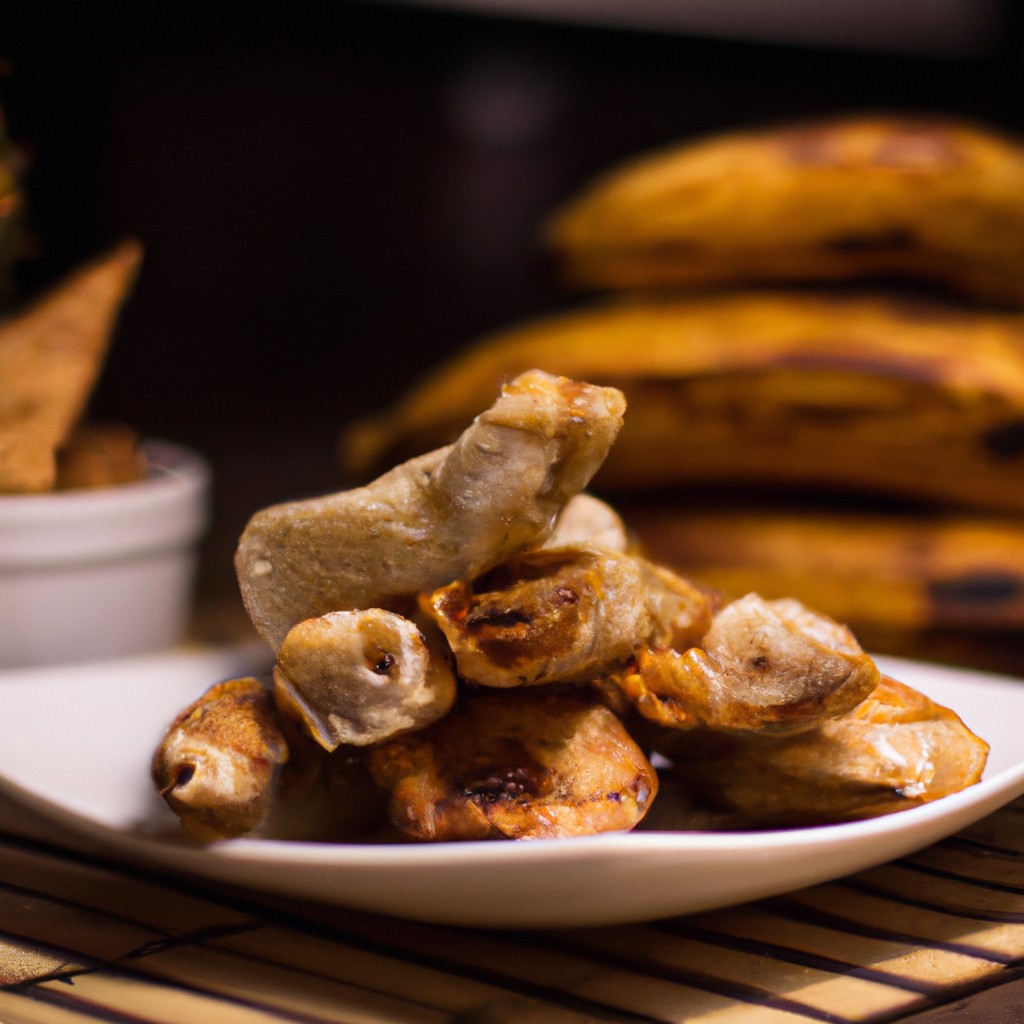Imagem de bananas recheadas com nozes e canela, cozidas na Airfryer. As bananas estão cortadas ao meio e recheadas com uma mistura de nozes picadas, canela em pó e açúcar mascavo. Elas são colocadas em uma cesta da Airfryer e cozidas até ficarem douradas e macias.