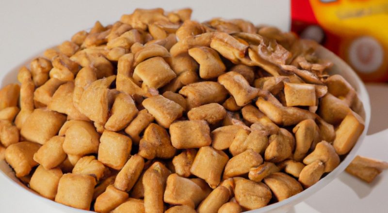 Barrinhas de cereal crocantes e douradas feitas na Airfryer. As barrinhas são cortadas em pedaços quadrados, revelando seu interior dourado e crocante. O fundo da imagem mostra a Airfryer usada para fazer as barrinhas, com sua cesta de cozimento removível.
