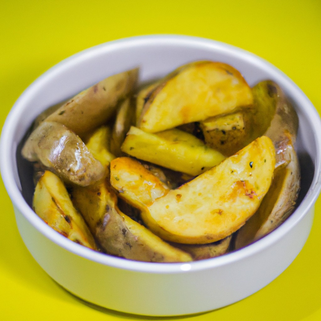 Batatas cortadas em pedaços dourados e crocantes, cobertas com um molho vermelho picante, prontas para serem saboreadas na airfryer.