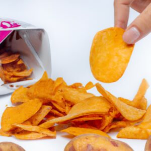 Imagem de chips de batata doce crocantes e dourados preparados em uma Airfryer. As batatas doces são cortadas em fatias finas e empilhadas em uma cesta de Airfryer. O fundo da imagem mostra uma tábua de cortar com uma faca e uma tigela de batatas doces fatiadas.
