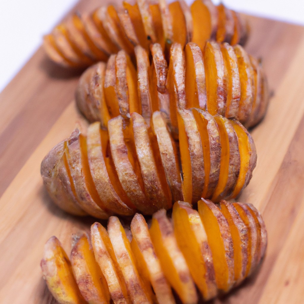 Imagem de batatas em fatias finas dispostas em forma de leque em uma airfryer. As batatas são cobertas com azeite de oliva, sal e pimenta e têm um recheio de queijo derretido, bacon crocante e cebolas fritas.