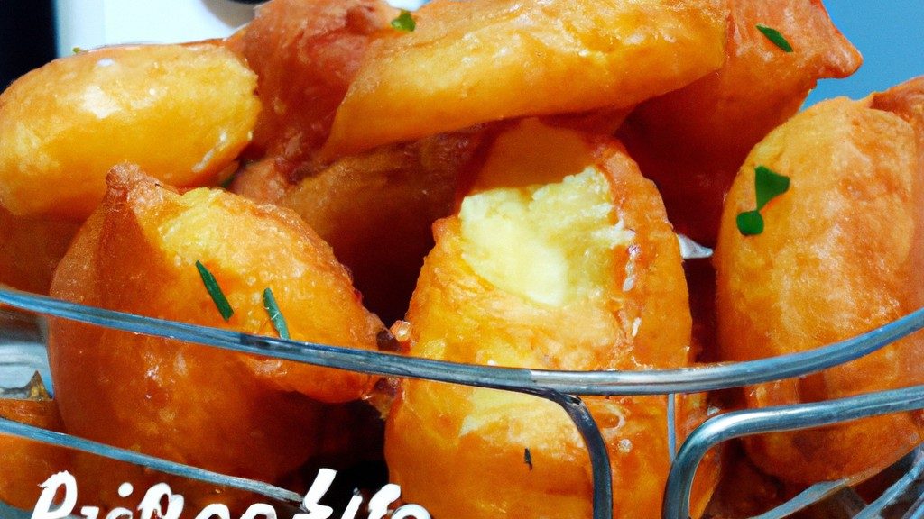 Imagem de uma porção de batatas rostie douradas e crocantes feitas em uma airfryer. As batatas são fatiadas finamente e empilhadas em um círculo, formando um ninho. O ninho é preenchido com ovos cozidos, bacon e cebolinha.