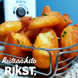 Imagem de uma porção de batatas rostie douradas e crocantes feitas em uma airfryer. As batatas são fatiadas finamente e empilhadas em um círculo, formando um ninho. O ninho é preenchido com ovos cozidos, bacon e cebolinha.