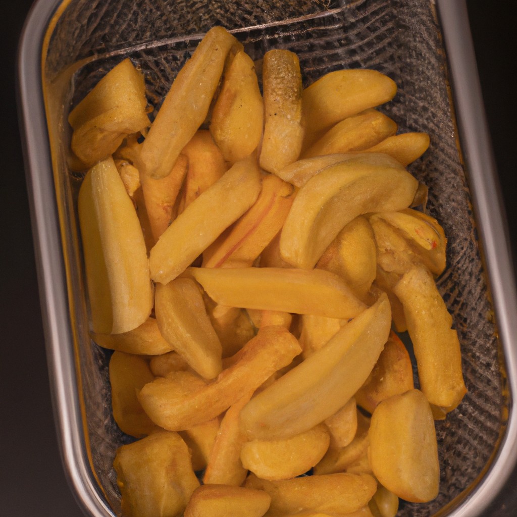 Uma foto de Batatas Duchesse crocantes e douradas preparadas na Airfryer. As batatas são moldadas em formatos delicados e espalhadas sobre uma placa. O fundo é desfocado, criando uma sensação de profundidade.