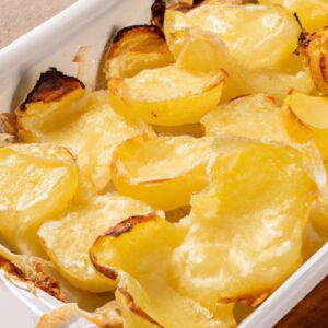Imagem de uma assadeira de vidro transparente cheia de batatas gratinadas douradas e borbulhantes. As batatas são cortadas em fatias finas e dispostas em camadas, cobertas com um molho cremoso branco. A superfície é salpicada com queijo parmesão ralado e ervas frescas. A imagem mostra o prato acabado, dourado e borbulhante, pronto para ser servido.