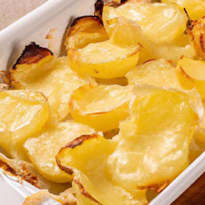 Imagem de uma assadeira de vidro transparente cheia de batatas gratinadas douradas e borbulhantes. As batatas são cortadas em fatias finas e dispostas em camadas, cobertas com um molho cremoso branco. A superfície é salpicada com queijo parmesão ralado e ervas frescas. A imagem mostra o prato acabado, dourado e borbulhante, pronto para ser servido.