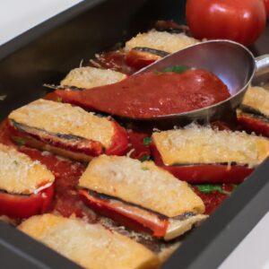 Imagem de berinjela à parmegiana preparada na airfryer. A berinjela é fatiada e empanada com farinha de rosca e queijo parmesão, depois frita na airfryer até ficar crocante e dourada. É coberta com molho de tomate caseiro, queijo mussarela e manjericão fresco.