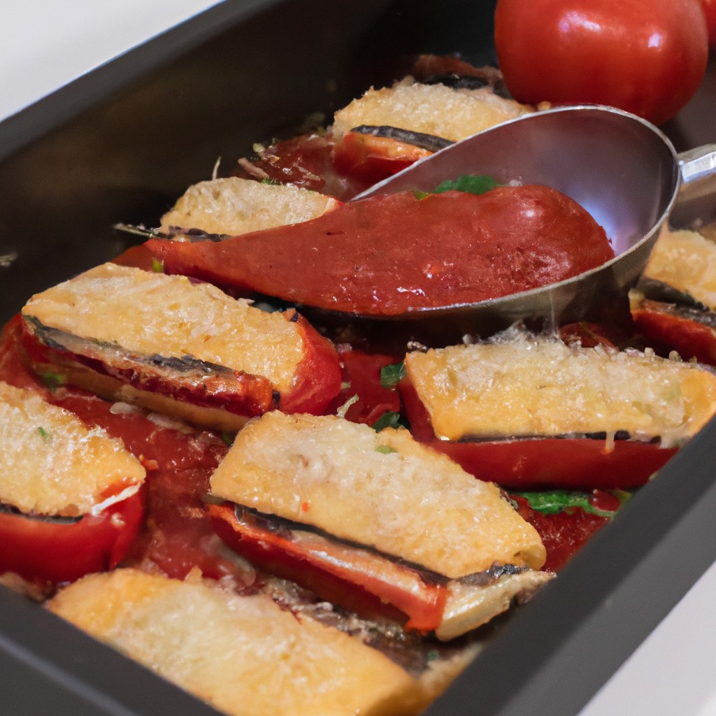 Imagem de berinjela à parmegiana preparada na airfryer. A berinjela é fatiada e empanada com farinha de rosca e queijo parmesão, depois frita na airfryer até ficar crocante e dourada. É coberta com molho de tomate caseiro, queijo mussarela e manjericão fresco.