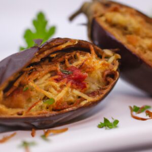 Imagem de uma berinjela recheada cozida em uma Airfryer. A berinjela é cortada ao meio no sentido do comprimento e recheada com uma mistura de carne moída, arroz, legumes e temperos. A berinjela é colocada na Airfryer e cozida até que esteja macia e o recheio esteja cozido.