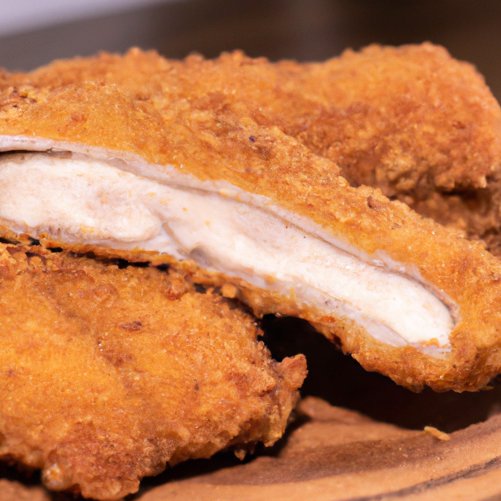 Bife À Milanesa Empanado Na Airfryer 1 Imagem de um bife à milanesa empanado dourado e crocante, cozido na Airfryer. O bife está posicionado sobre uma tábua de madeira, acompanhado por uma porção de batatas fritas e uma fatia de limão.