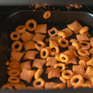 Foto de biscoitos de passas e canela preparados na Airfryer. Os biscoitos têm uma cor dourada e estão cobertos de açúcar granulado. Eles estão dispostos em uma única camada em uma cesta da Airfryer.