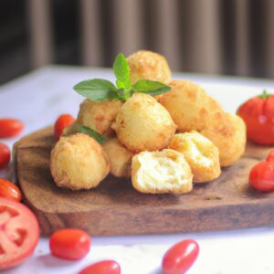 Imagem de bolinhos Caprese dourados e crocantes cozidos em uma Airfryer. Os bolinhos são feitos com mussarela fresca, tomate cereja e manjericão, e são servidos com um molho de tomate fresco.
