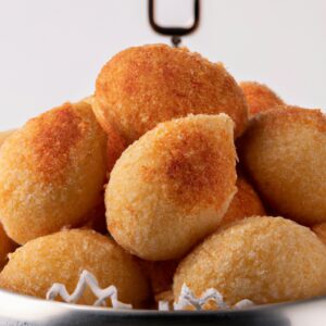 Uma imagem de bolinhos de arroz crocantes e dourados feitos na Airfryer. Os bolinhos são servidos em um prato com um molho de imersão à parte. O fundo é desfocado, destacando os bolinhos na frente.