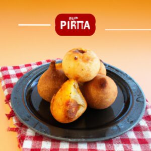 Imagem de bolinhos de pinhão crocantes e dourados cozidos em uma airfryer. Os bolinhos são preparados com uma massa macia e saborosa e recheados com uma generosa porção de pinhões torrados. Eles são cozidos até ficarem perfeitamente crocantes por fora e macios por dentro, criando um aperitivo ou lanche delicioso e satisfatório.