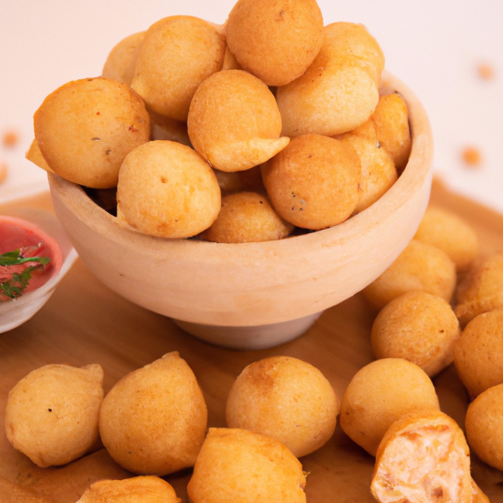 Imagem de bolinhos de bacalhau dourados e crocantes empilhados em um prato. Eles são feitos com bacalhau desfiado, batatas, cebola, alho e temperos, e são cozidos em uma airfryer até ficarem perfeitamente cozidos e crocantes.