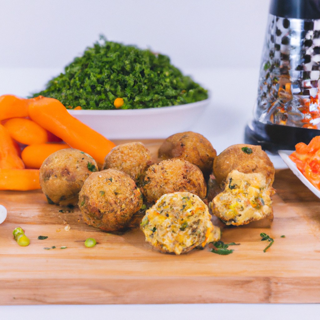 Imagem de bolinhos de carne com vegetais e aveia fritos na airfryer, dispostos em uma travessa. Os bolinhos têm uma crosta dourada e são recheados com uma mistura de carne moída, vegetais e aveia.