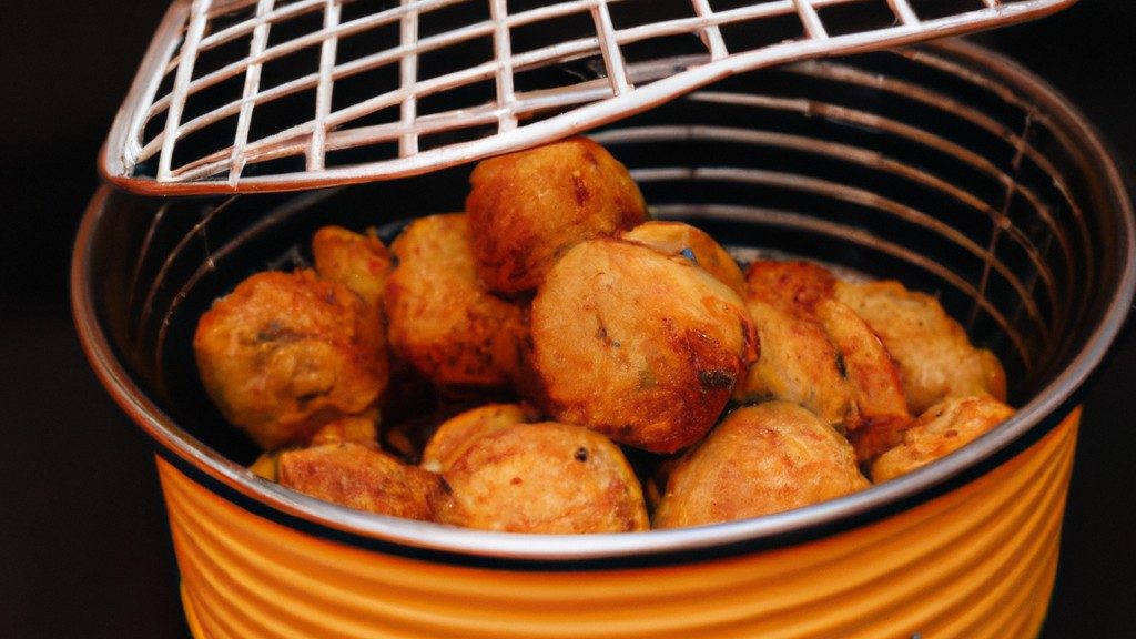 Uma foto de bolinhos de porco orientais fritos na Airfryer. Os bolinhos são dourados e crocantes, com um recheio de carne de porco moída. Eles são servidos com um molho de soja ao lado.