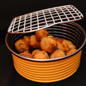 Uma foto de bolinhos de porco orientais fritos na Airfryer. Os bolinhos são dourados e crocantes, com um recheio de carne de porco moída. Eles são servidos com um molho de soja ao lado.