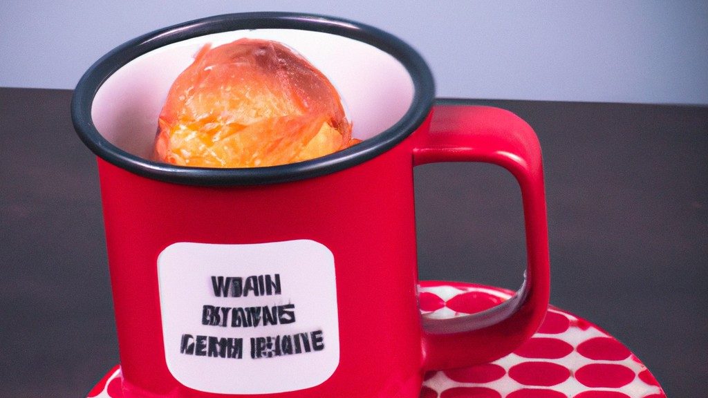 Imagem de um bolo cozido em uma caneca dentro de uma Airfryer. O bolo é marrom dourado e tem uma textura fofa. Uma colher está inserida no bolo, revelando seu interior úmido. A Airfryer é um eletrodoméstico de bancada com uma cesta removível.