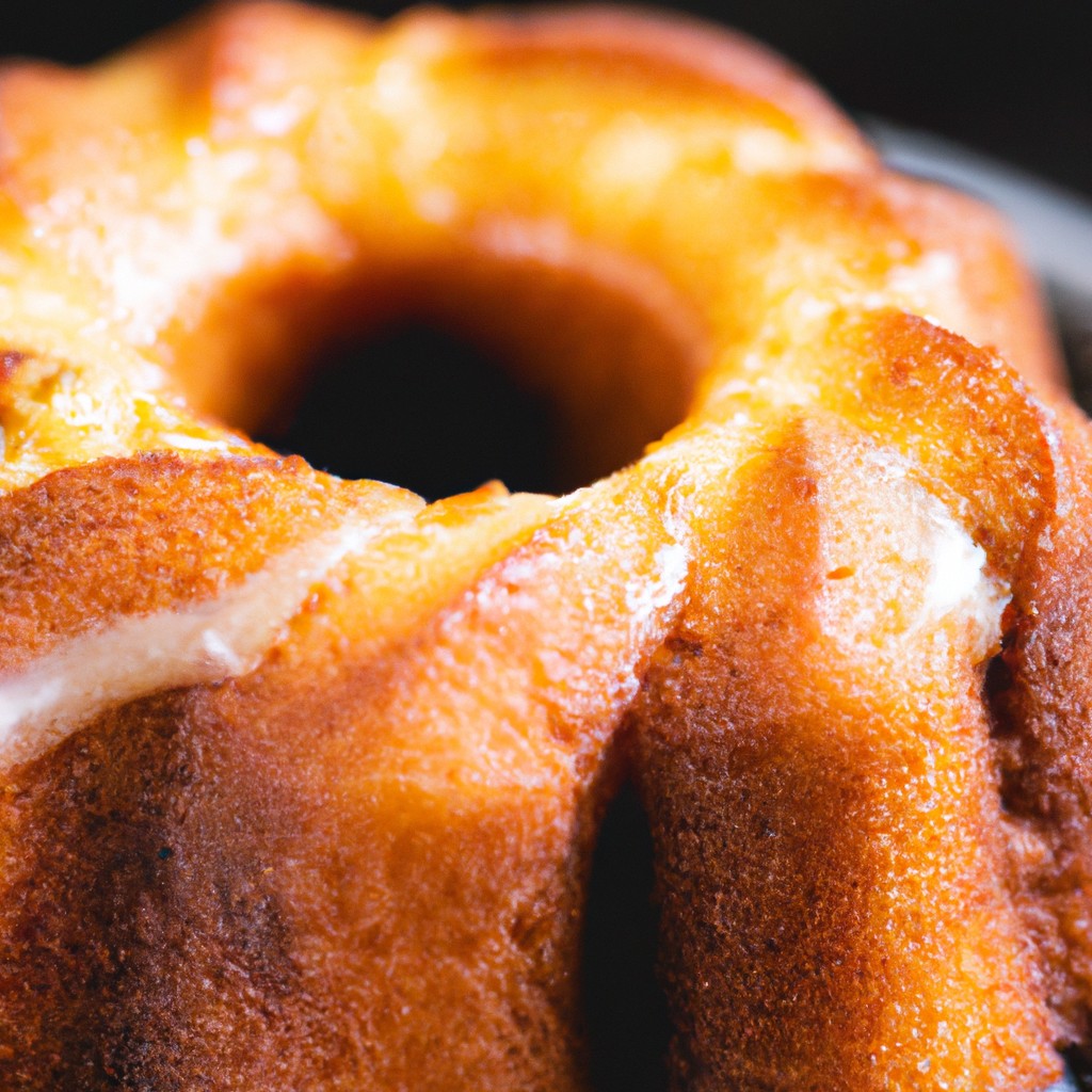 Imagem de um bolo de fubá cremoso dourado cozido em uma airfryer. O bolo tem uma crosta crocante e um miolo úmido e denso. É coberto com uma camada de glacê de cream cheese e decorado com nozes picadas.