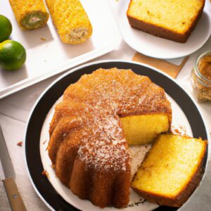 Imagem de uma fatia de bolo de milho verde com coco, assado na Airfryer. O bolo tem uma crosta dourada crocante e um interior úmido e fofo. O topo é polvilhado com coco ralado.