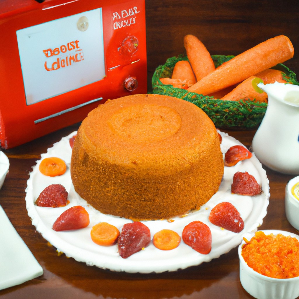 Bolo Mágico De Cenoura Na Airfryer 1 Uma imagem de uma fatia de bolo de cenoura assada em uma fritadeira. O bolo é coberto com uma cobertura de cream cheese e tem uma crosta crocante.