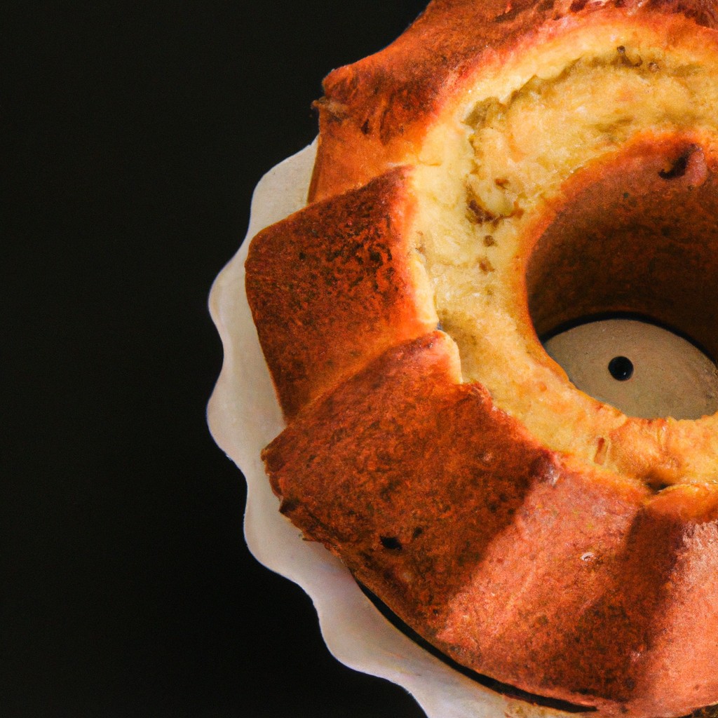 Imagem de um bolo redondo e dourado cozido em uma airfryer. O bolo é coberto com uma cobertura de chocolate e granulado colorido.
