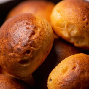 Imagem de broas de fubá crocantes e douradas fritas em uma airfryer. As broas são feitas com farinha de milho, leite, ovos e açúcar, e têm uma textura macia por dentro e crocante por fora.