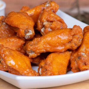 Imagem de asinhas de frango crocantes cozidas em uma Airfryer, cobertas com molho picante ou churrasco. O prato é apresentado em um prato com fatias de cenoura e aipo como acompanhamento.