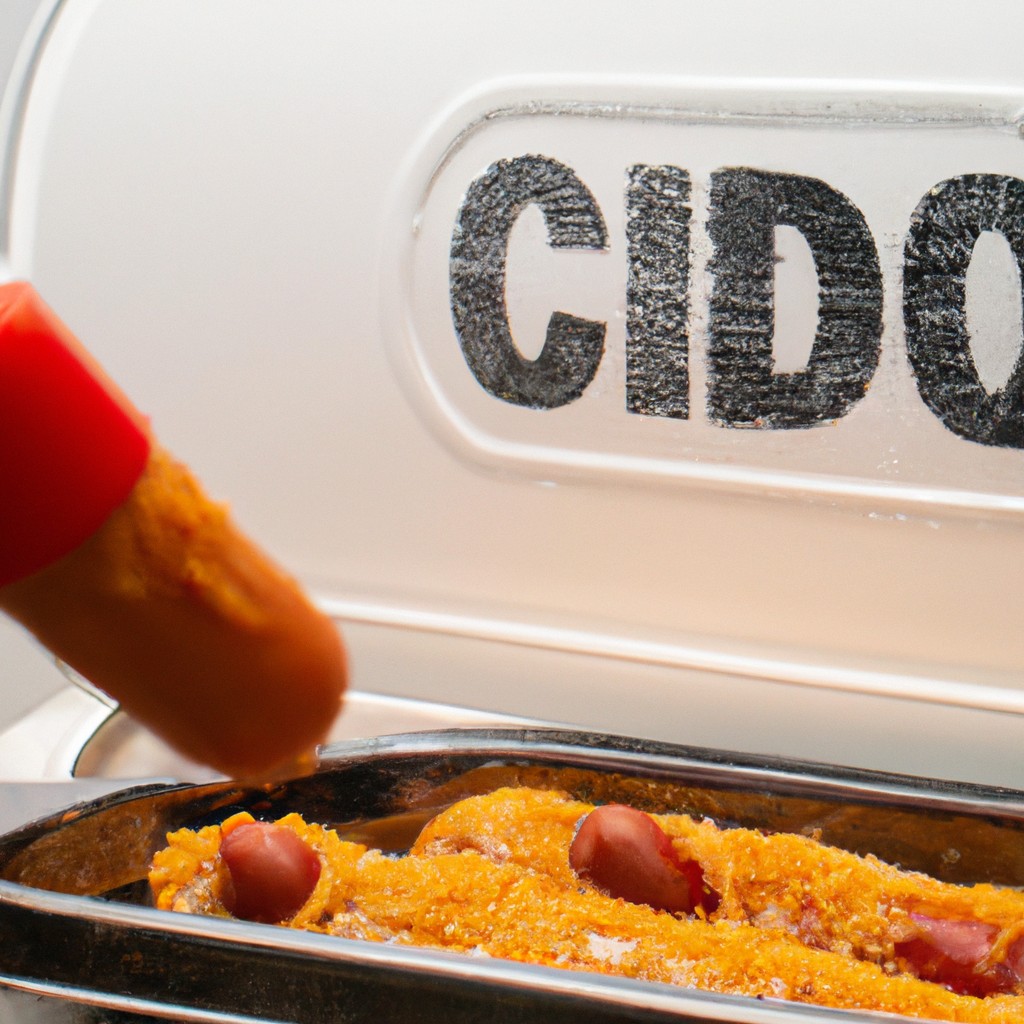 Cachorro Quente De Colher Na Airfryer (Hot Dog) 1 Imagem mostra um cachorro-quente sendo preparado em uma Airfryer. O cachorro-quente está em uma cesta de arame e está envolto em massa folhada. A Airfryer está sobre um balcão com uma tigela de mostarda ao lado.