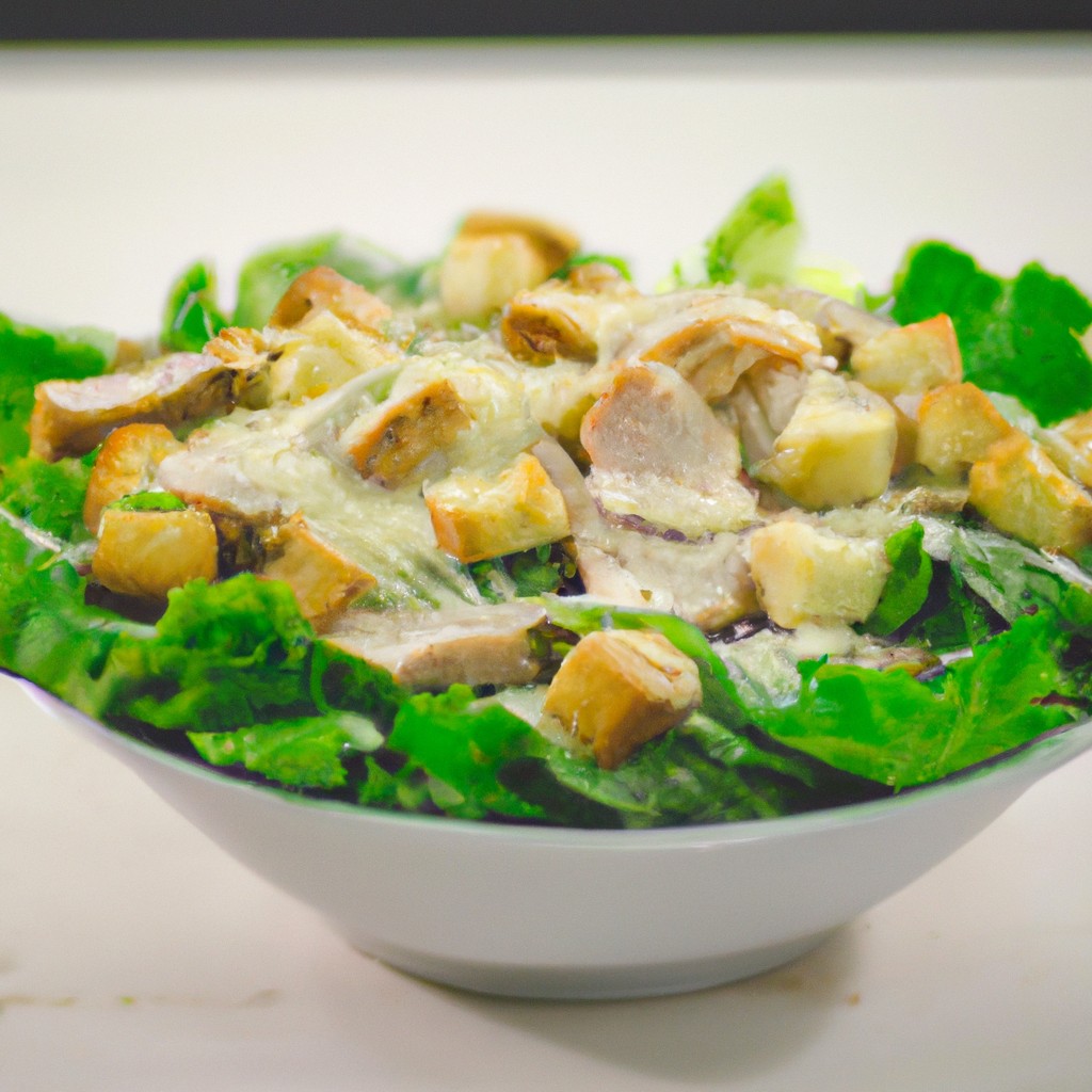 Caesar Salad Com A Airfryer (Salada César) 1 Imagem de uma salada César feita com alface romana, croutons de alho torrados na airfryer, queijo parmesão ralado e molho caseiro.