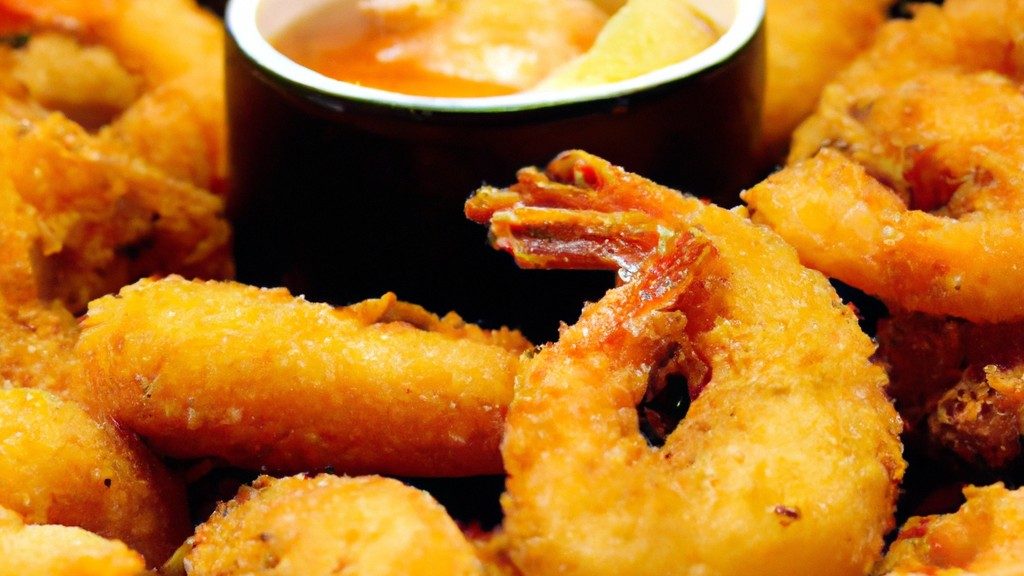 Camarão Na Airfryer 1 Camarões crocantes e dourados cozidos na Airfryer. Os camarões estão dispostos em uma cesta de Airfryer com limão e ervas para dar sabor. O fundo é desfocado, destacando a nitidez e a textura dos camarões na Airfryer.