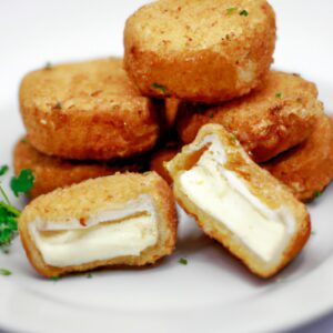 Imagem de um Camembert assado em uma Airfryer. O queijo é dourado e borbulhante, com uma crosta crocante. No centro há um pedaço de geléia de damasco, que está derretendo e caramelizando. A imagem é tirada de cima e o fundo é visível, mostrando que o queijo está cozido uniformemente.