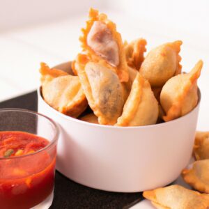 Imagem de Capeletti ou Ravioli fritos na Airfryer, crocantes e dourados, servidos em um prato com molho de tomate.